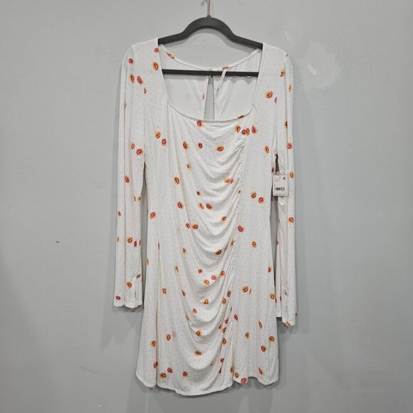 Free People Floral Mini Dress Short White Orange Long Sleeve Square Neck Large - Picture 3 of 12